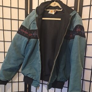 Teal Blue and Black Carhartt Jacket with Patterned Accents And Hood